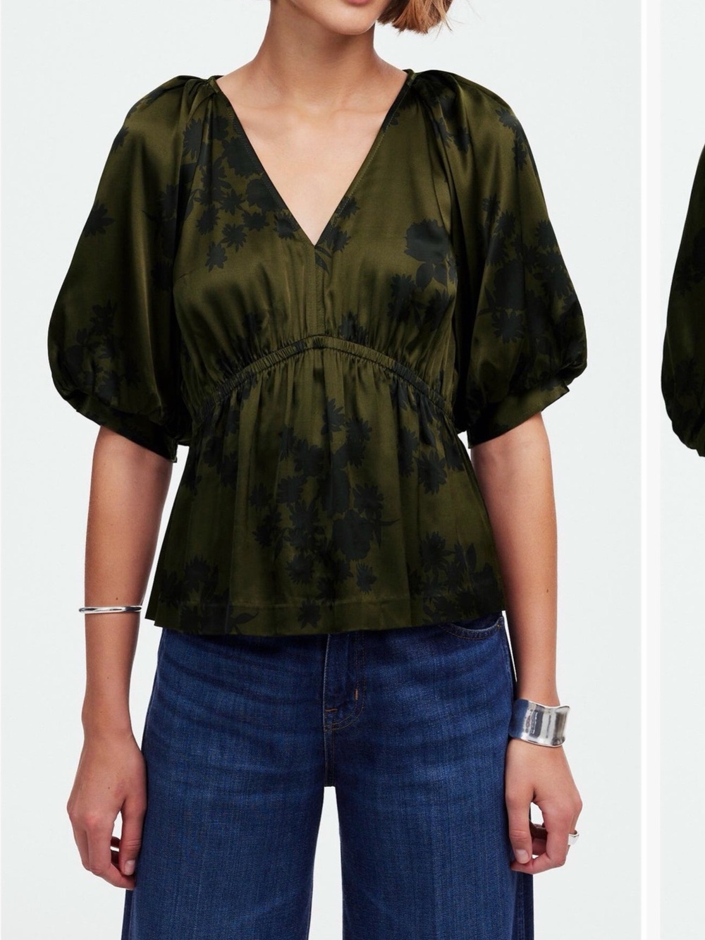 Madewell Shirred Puff Sleeve Satin Top